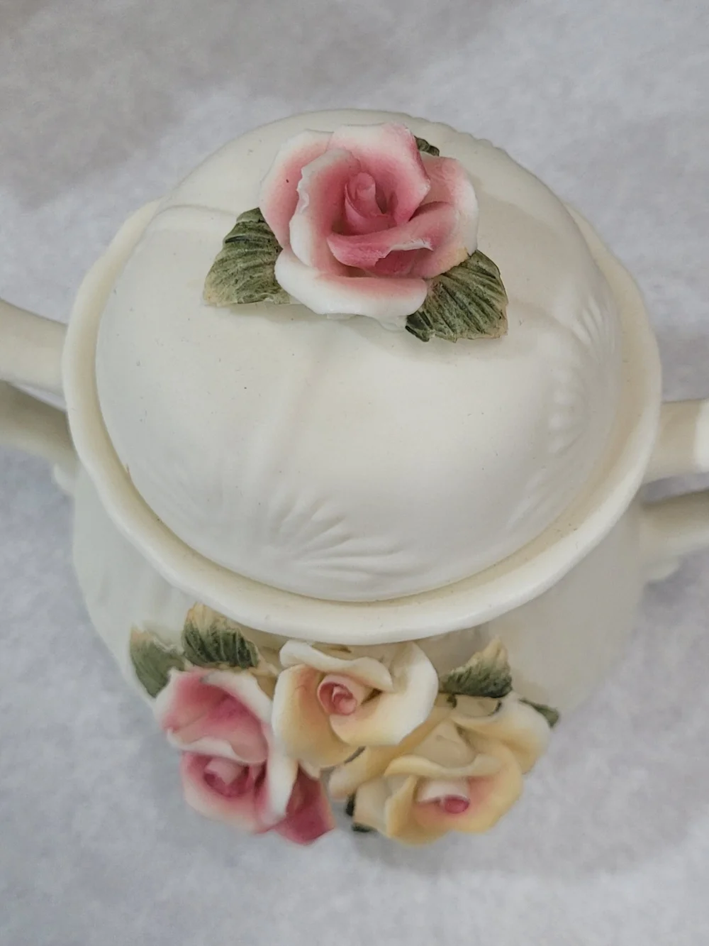 Source Unknown Cream Porcelain Coffee Set with Pink & Yellow Rose Appliques